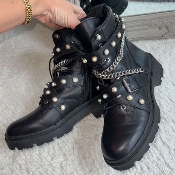 New Zara Moto Boots Black Leather Pearl Metal 38 Combat Biker 7160/001 - Picture 11 of 11